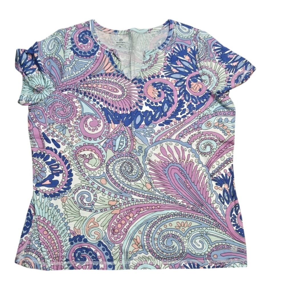 T by Talbots XL Paisley Split Neck Short Sleeve Top Purple Blue Pink